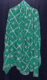 Hand-embroidered green and silver 2-1/2 yard chiffon scarf with red resham accents