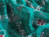 Hand-embroidered green and silver 2-1/2 yard chiffon scarf with red resham accents