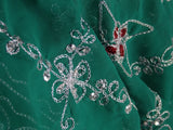 Hand-embroidered green and silver 2-1/2 yard chiffon scarf with red resham accents