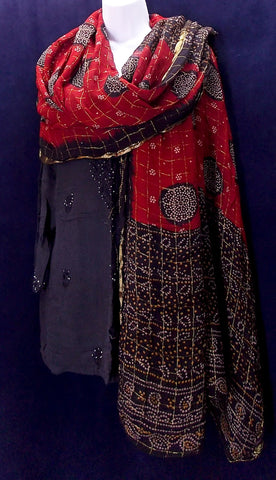 Long red and black bandhi zari woven scarf or wrap 2-1/4 yds
