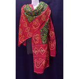 Long bandhini print green and red zari embroidered cotton scarf 2.5 yards