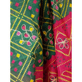 Long bandhini print green and red zari embroidered cotton scarf 2.5 yards