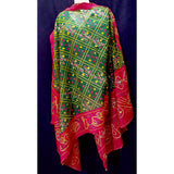 Long bandhini print green and red zari embroidered cotton scarf 2.5 yards