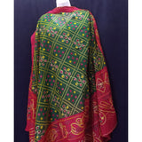 Long bandhini print green and red zari embroidered cotton scarf 2.5 yards