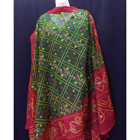 Long bandhini print green and red zari embroidered cotton scarf 2.5 yards