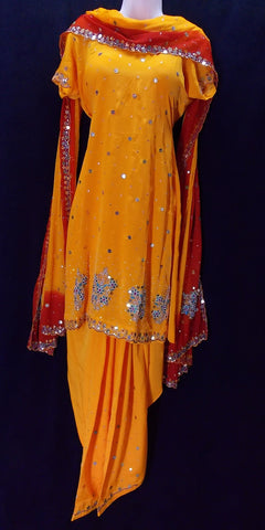 Stunning orange crepe salwar kameez with shaded dupatta (M)