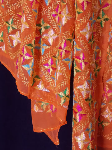 Orange hand-embroidered genuine phulkari vintage shawl scarf