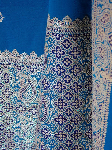 Persian blue georgette scarf with geometric and paisley patterns