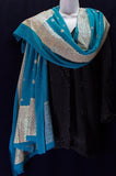 Persian blue georgette scarf with geometric and paisley patterns