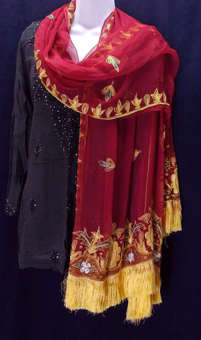 Long red silk georgette scarf (2 1/3 yards) with hand embroidery and hand knotted fringe