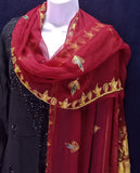 Long red silk georgette scarf (2 1/3 yards) with hand embroidery and hand knotted fringe