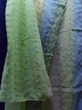 Semi-sheer 2.5 yd embroidered overlay fabric embroidered border green, beige, and slate blue