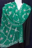 Hand-embroidered green and silver 2-1/2 yard chiffon scarf with red resham accents