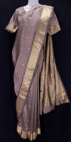 Silk khadi taupe traditional saree with blouse and zari border