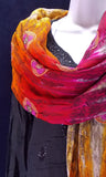 Vibrant red and orange tie-dye embroidered scarf or wrap