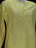 Yellow cotton chikankari long kurta tunic M